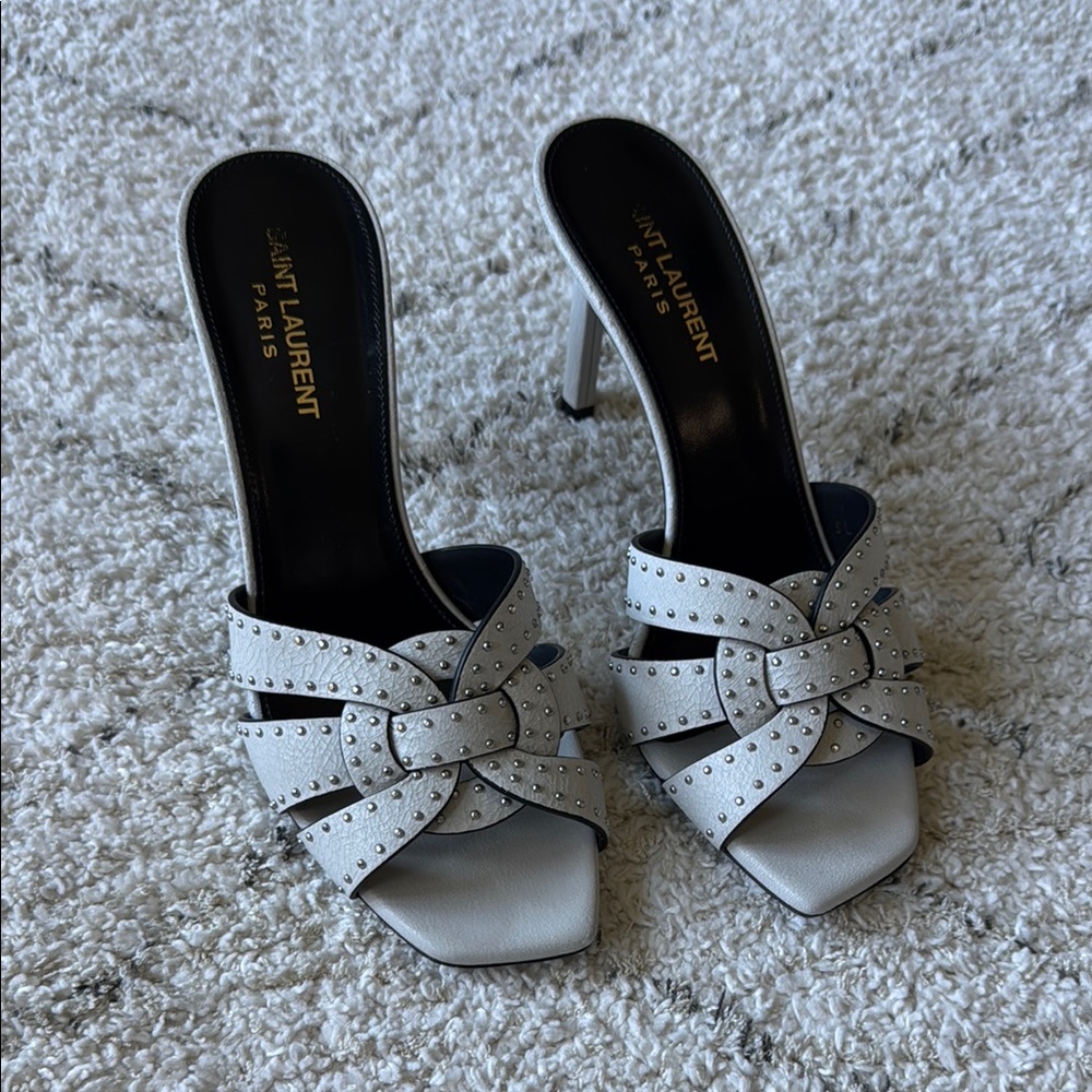 Saint Laurent White Studded Cracked Leather Tribute Sandals